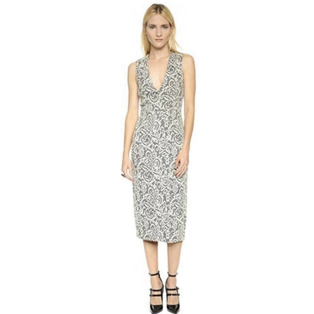 Alice + Olivia Lilia Lace Textured Plunge V-Neck Sheath Dress 6 Black Cream EUC